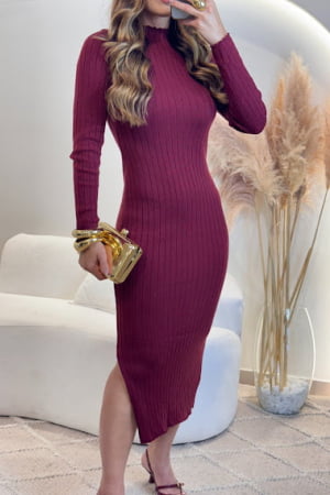 vestido gola alta canelado