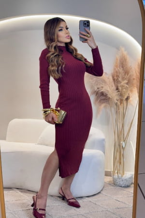 vestido gola alta canelado